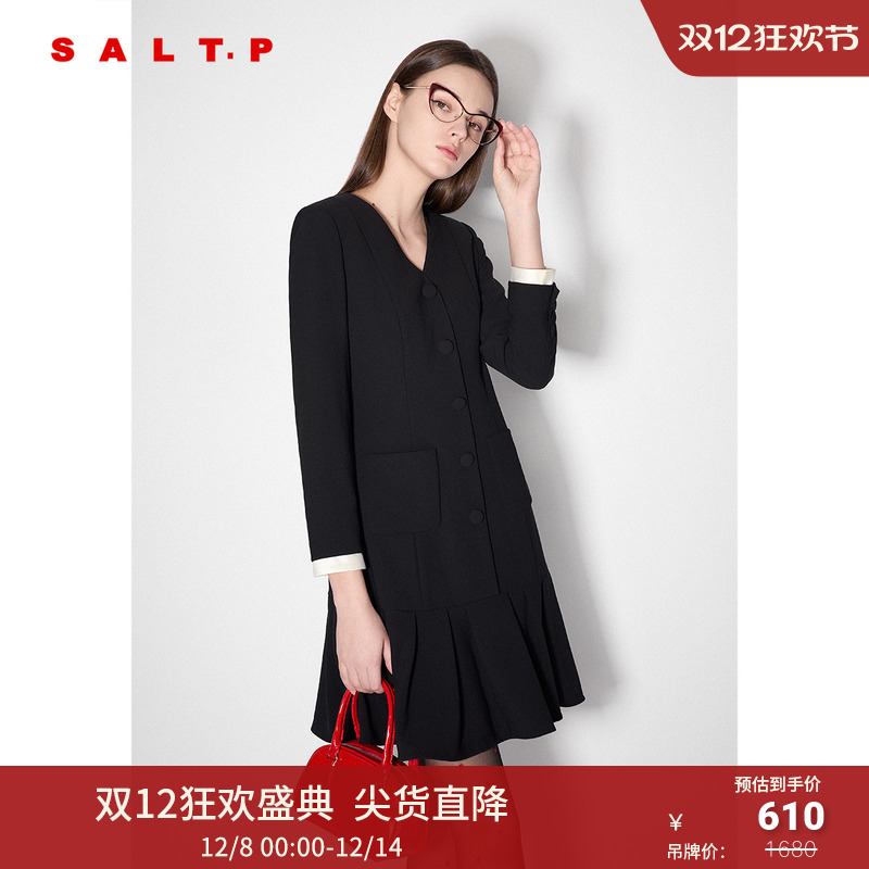 SALT.P可颜v领撞色复古老钱风收腰小黑裙连衣裙2024秋