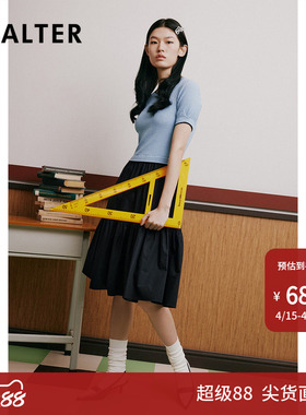 TW-诗篇夏圆领修身显瘦拼接假两件针织裙连衣裙