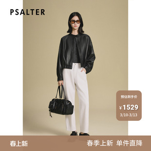 【机车单皮】诗篇专选复古翻领松紧腰经典黑色夹克设计感女装皮衣