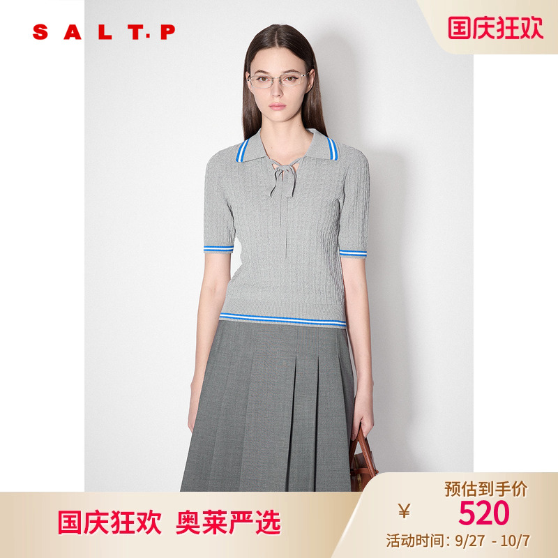 SALT.P可颜polo领系带学院风肌理提花条纹短袖针织衫秋款