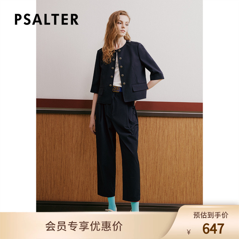 诗篇夏圆领双排扣五分袖短款休闲西装外套