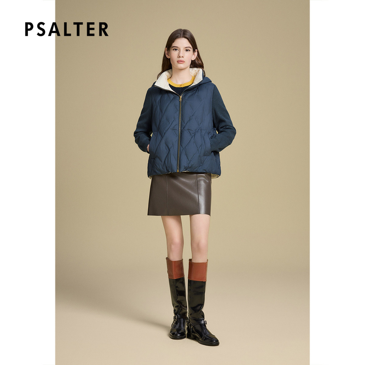 诗篇专选菱形格纹拼接式连帽立领针织袖假两件鹅绒服2025冬款