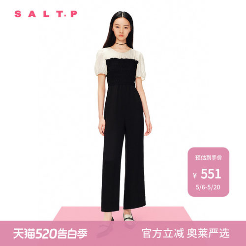 【醋酸】SALT.P可颜圆领泡泡袖黑白撞色拼接收腰阔腿连体裤夏