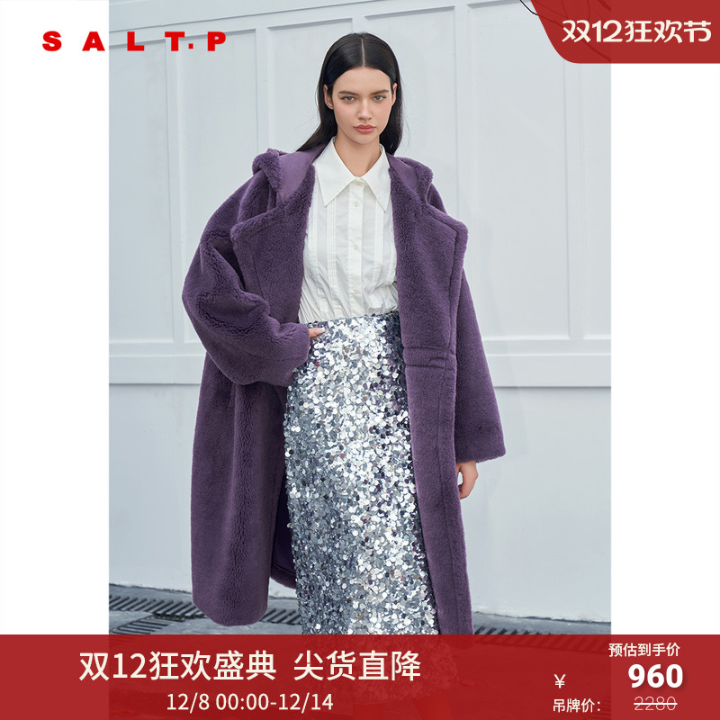 【100%绵羊毛】SALT.P可颜高级感连帽毛绒大衣毛呢外套2024冬