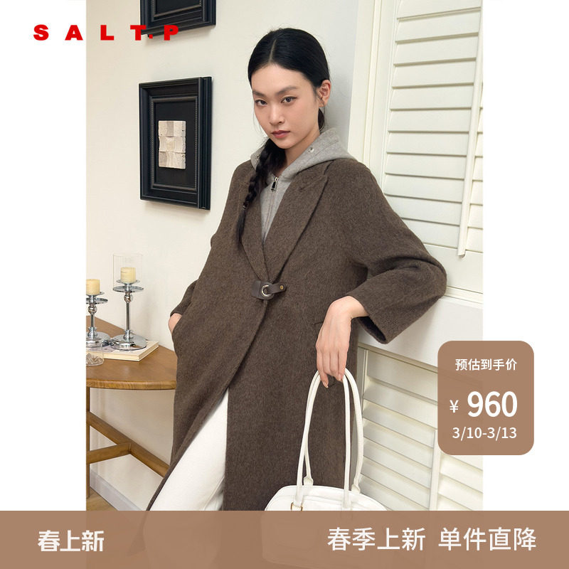 【100%绵羊毛】SALT.P可颜可拆卸撞色连帽复古大衣毛呢外套冬