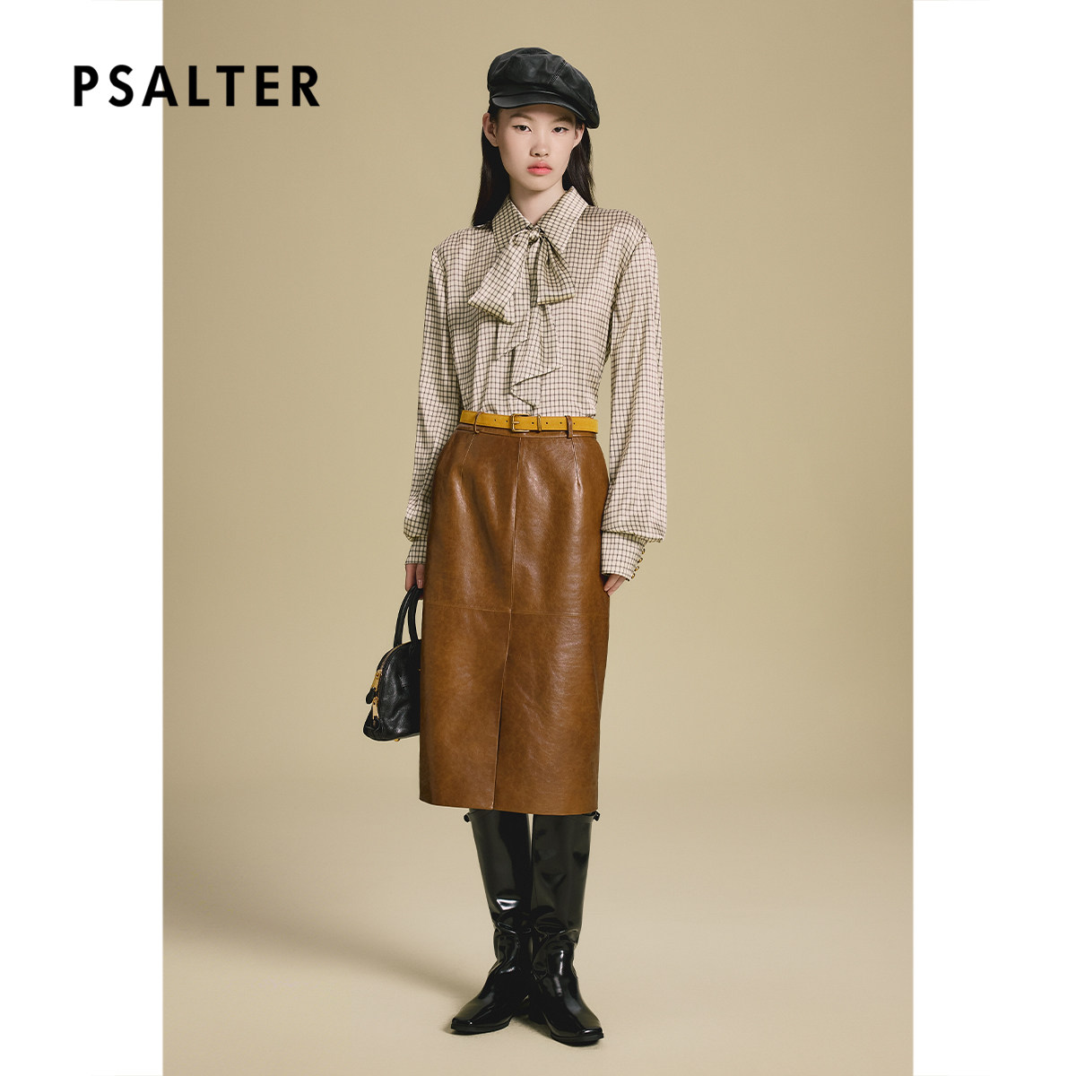 【断码】PSALTER诗篇复古格纹缎面垂坠飘带衬衫女秋款