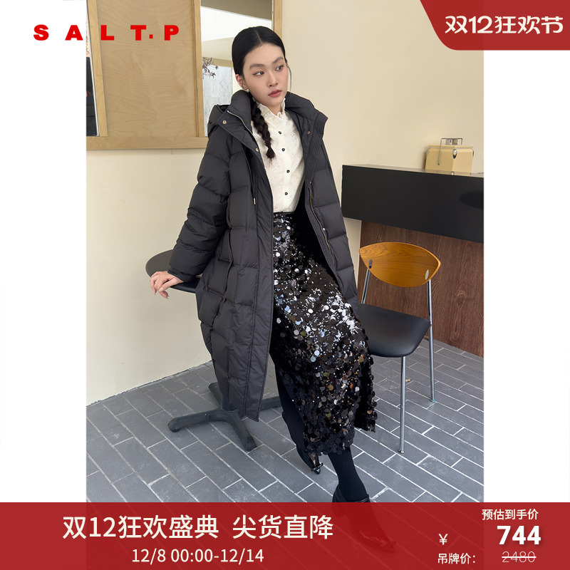 SALT.P可颜高克重白鸭绒高密盐缩直充连帽长款羽绒服2024冬
