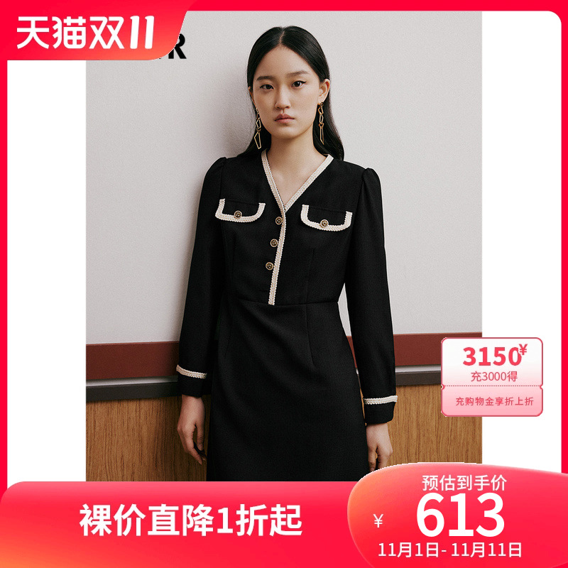 诗篇女装2023春季新款v领收腰减龄学院小香风小黑裙连衣裙