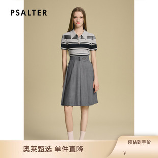 诗篇专选灰色条纹Polo翻领短袖拼接百褶连衣裙2025秋款z