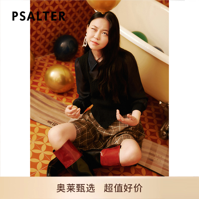 PSALTER诗篇秋修身显瘦针织拼接假两件格子连衣裙