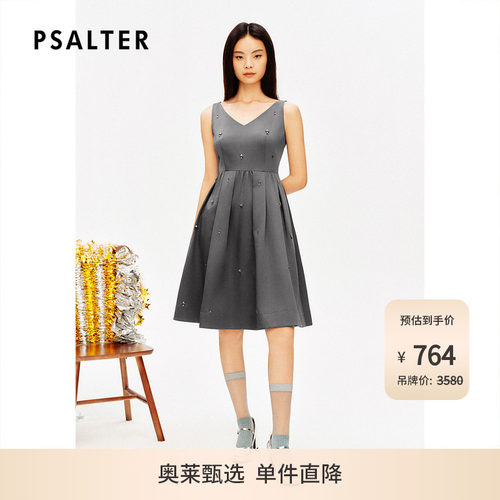 PSALTER诗篇羊毛桑蚕丝v领高腰钉钻无袖连衣裙夏款