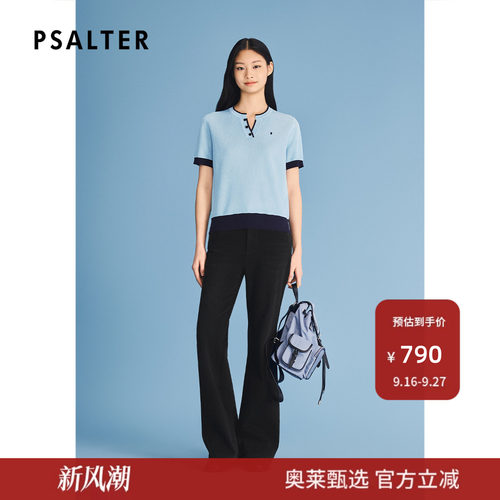 诗篇专选三粒扣海鸥领撞色罗纹袖针织T恤衫2026夏季新款