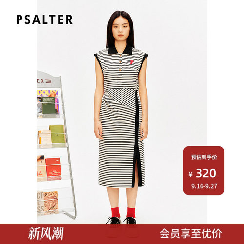 [高智条纹]PSALTER诗篇撞色polo领学院条纹无袖开叉连衣裙夏