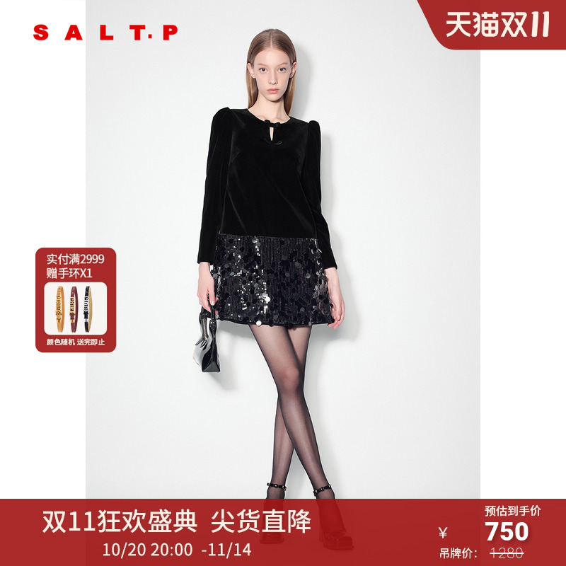 SALT.P可颜丝绒亮片拼接蝴蝶结复古千金玛德琳连衣裙冬款