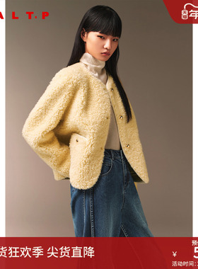 SALT.P可颜100%绵羊毛斯蒂娜圆领温柔风毛绒短外套冬款