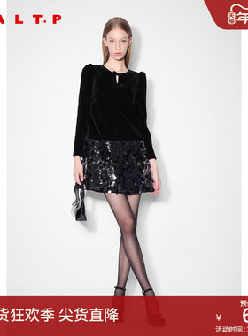 SALT.P可颜丝绒亮片拼接蝴蝶结复古千金玛德琳连衣裙冬款