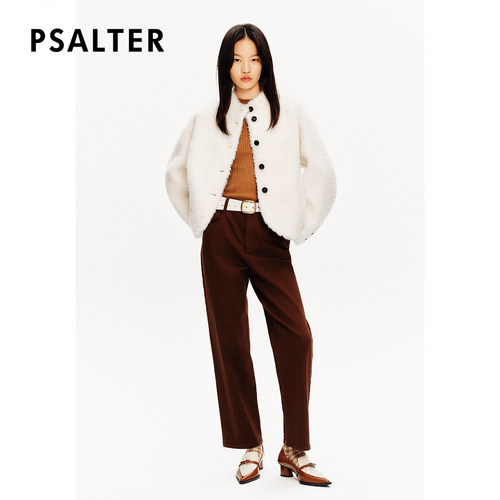 PSALTER诗篇皮毛一体小立领落肩短款廓形皮草女外套冬款