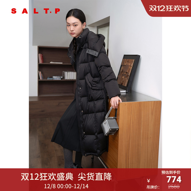 SALT.P可颜白鸭绒简约休闲宽松H型可拆连帽长款羽绒服2024冬
