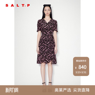 SALT.P可颜100%桑蚕丝v领抽褶印花碎花裙连衣裙夏 真丝