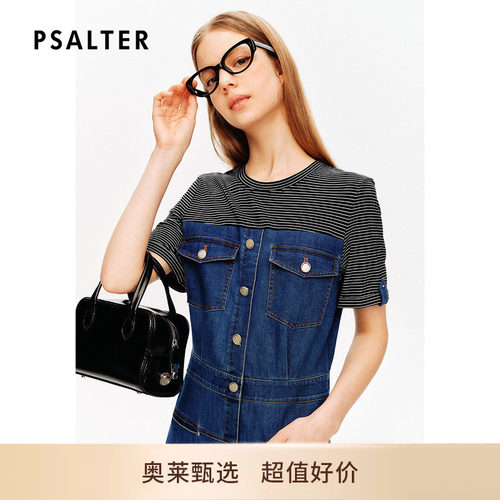 【断码】诗篇专选圆领条纹假两件高腰复古牛仔裙连衣裙