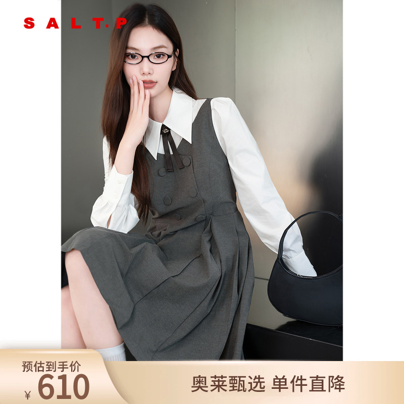 SALT.P可颜翻领假两件格雷系学院感蝴蝶结连衣裙秋款