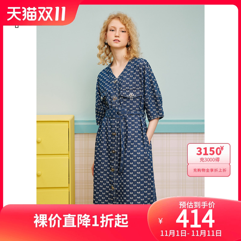 [丹宁系列]诗篇可颜女装2023春季v领系带蝴蝶结提花牛仔裙连衣裙
