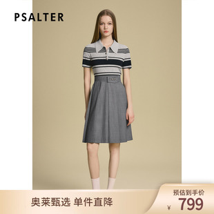 诗篇专选灰色条纹Polo翻领短袖拼接百褶连衣裙2025秋款z