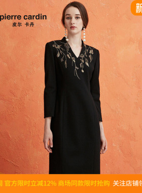 商场同款皮尔卡丹女装百搭通勤刺绣V领长袖连衣裙P0427DL20B0
