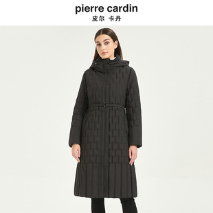 皮尔卡丹女冬季新款格状中长款连帽收腰保暖鸭绒羽绒服CD54YL011