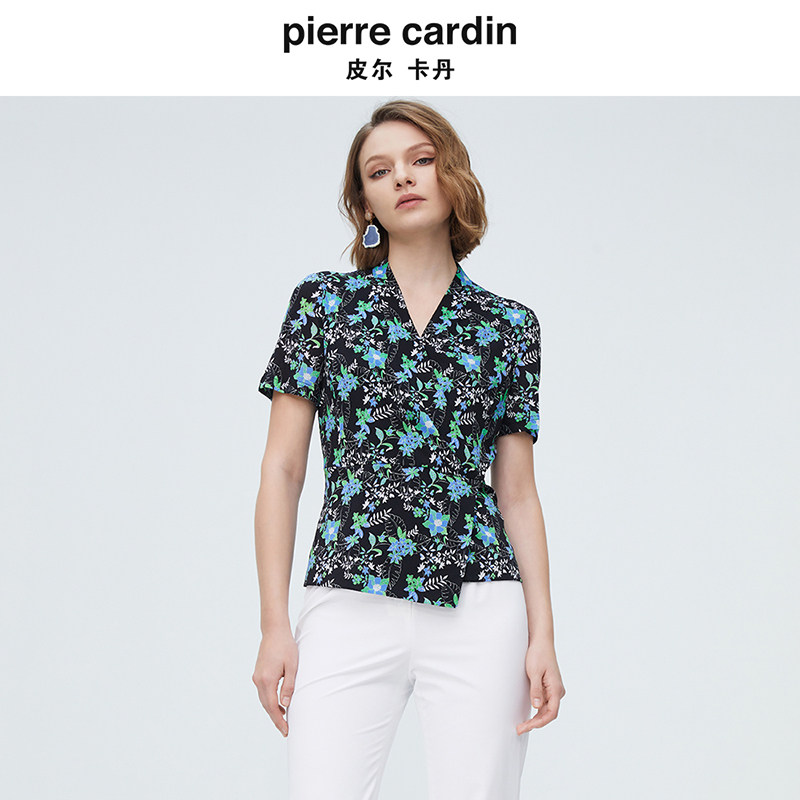 皮尔卡丹女装V领碎花法式减龄T恤透气凉爽贵夫人衬衫P4237A3027G3