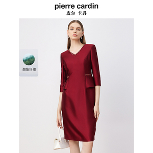 商场同款皮尔卡丹女装连衣裙酒红色缎面亮面醋纤气质高贵裙子