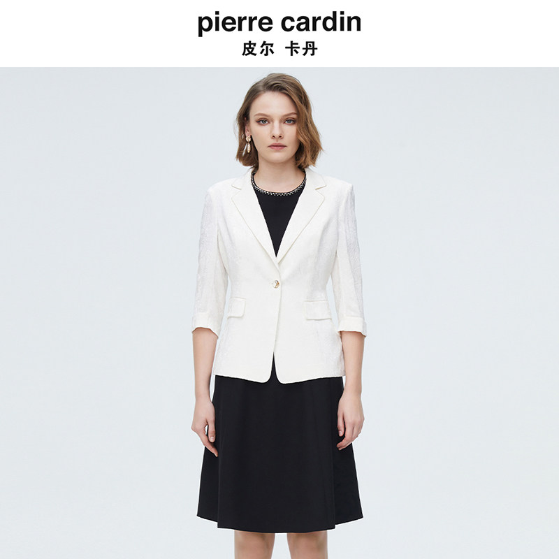 皮尔卡丹女装秋季新款七分袖白色西服上衣收腰短外套P4150U4039W0