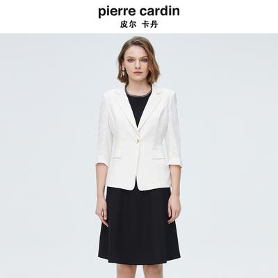 皮尔卡丹女装秋季新款七分袖白色西服上衣收腰短外套P4150U4039W0