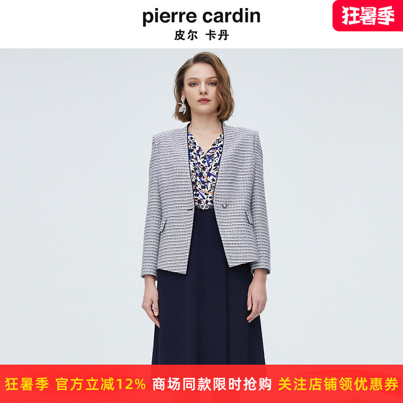 皮尔卡丹女装上衣千鸟格一粒扣大V领直筒西服女外套P4110U4042N3