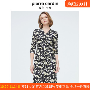 皮尔卡丹2025年夏新款 老钱风印花V领A字通勤气质收腰显瘦碎花黑裙