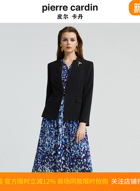 皮尔卡丹女装秋季新款纯黑色无领醋纤行政商务女西服P4332U4970B0