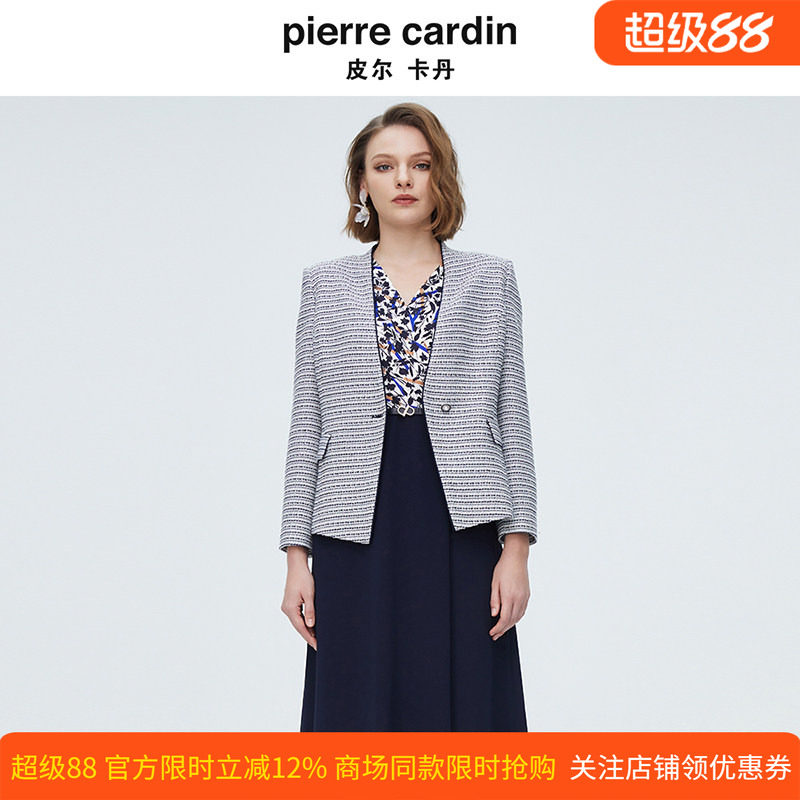 皮尔卡丹女装上衣千鸟格一粒扣大V领直筒西服女外套P4110U4042N3