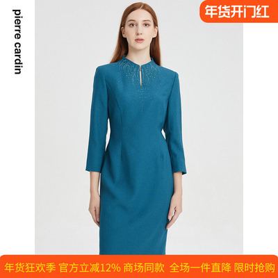 通勤淑女水绿烫钻连衣裙