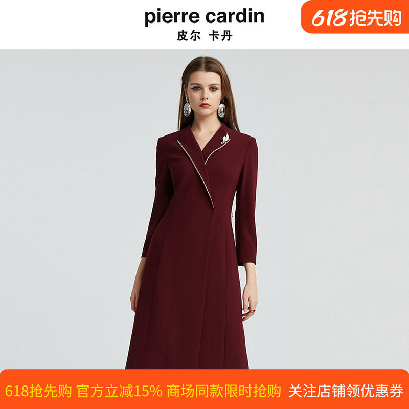 皮尔卡丹女装秋季新款长袖戗驳领酒红色端庄连衣裙P4344E4976T0