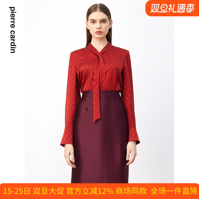 皮尔卡丹女装通勤长袖飘带衬衫