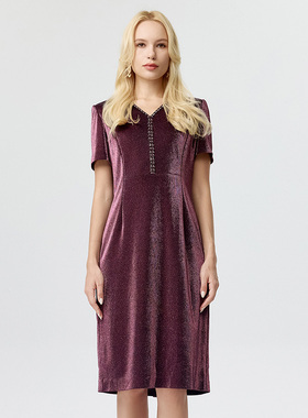 商场同款皮尔卡丹女装连衣裙紫色短袖镶钻亮闪闪中长款一步裙