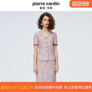 皮尔卡丹女装红花色单排扣短袖女上衣V领小外套P4245L3027R3