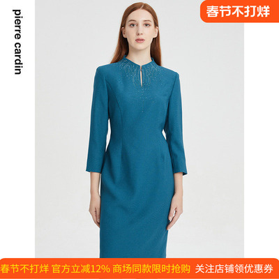 通勤淑女水绿烫钻连衣裙