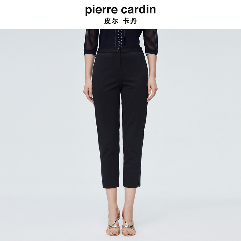 皮尔卡丹女秋季黑色开叉薄款九分小脚裤女显瘦铅笔裤P4114T4006B0