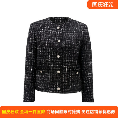 皮尔卡丹女冬季新款灰黑色时尚小香风圆领外套保暖上衣C64UL027H2