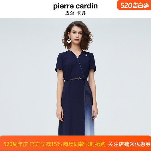皮尔卡丹女装夏季新款时尚V领百褶拼接法式连衣裙P4213D4034N0