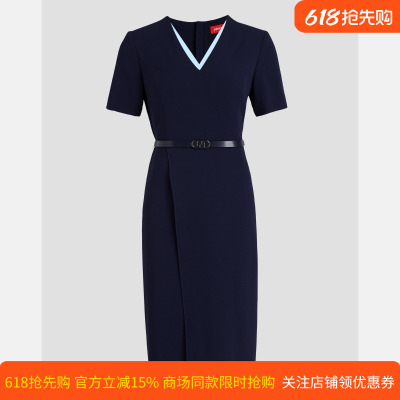 【醋纤】皮尔卡丹夏新款蓝色短袖收腰V领显瘦连衣裙P3205D3118L2