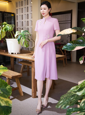 皮尔卡丹女装26夏粉色短袖立领新中式旗袍裙连衣裙P52003D5017F0