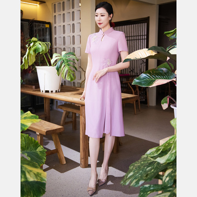 皮尔卡丹女装26夏粉色短袖立领新中式旗袍裙连衣裙P52003D5017F0