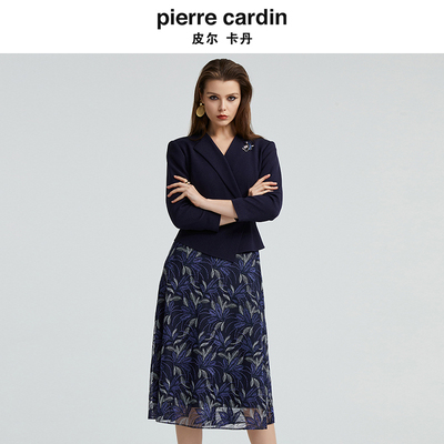 皮尔卡丹女装秋冬醋纤蕾丝拼接时尚浪漫假两件连衣裙P4319E4991N0